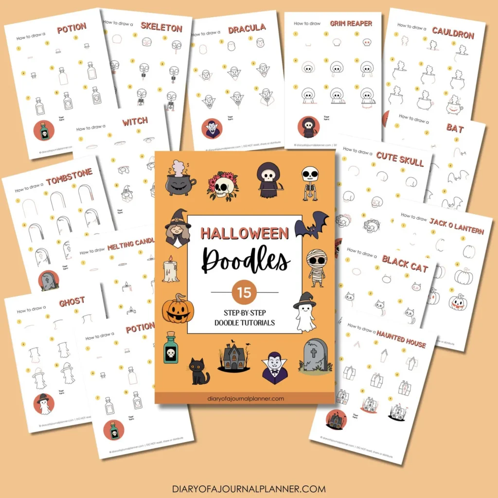 Halloween doodle tutorials cover featuring step-by-step guides for drawing spooky characters and symbols.