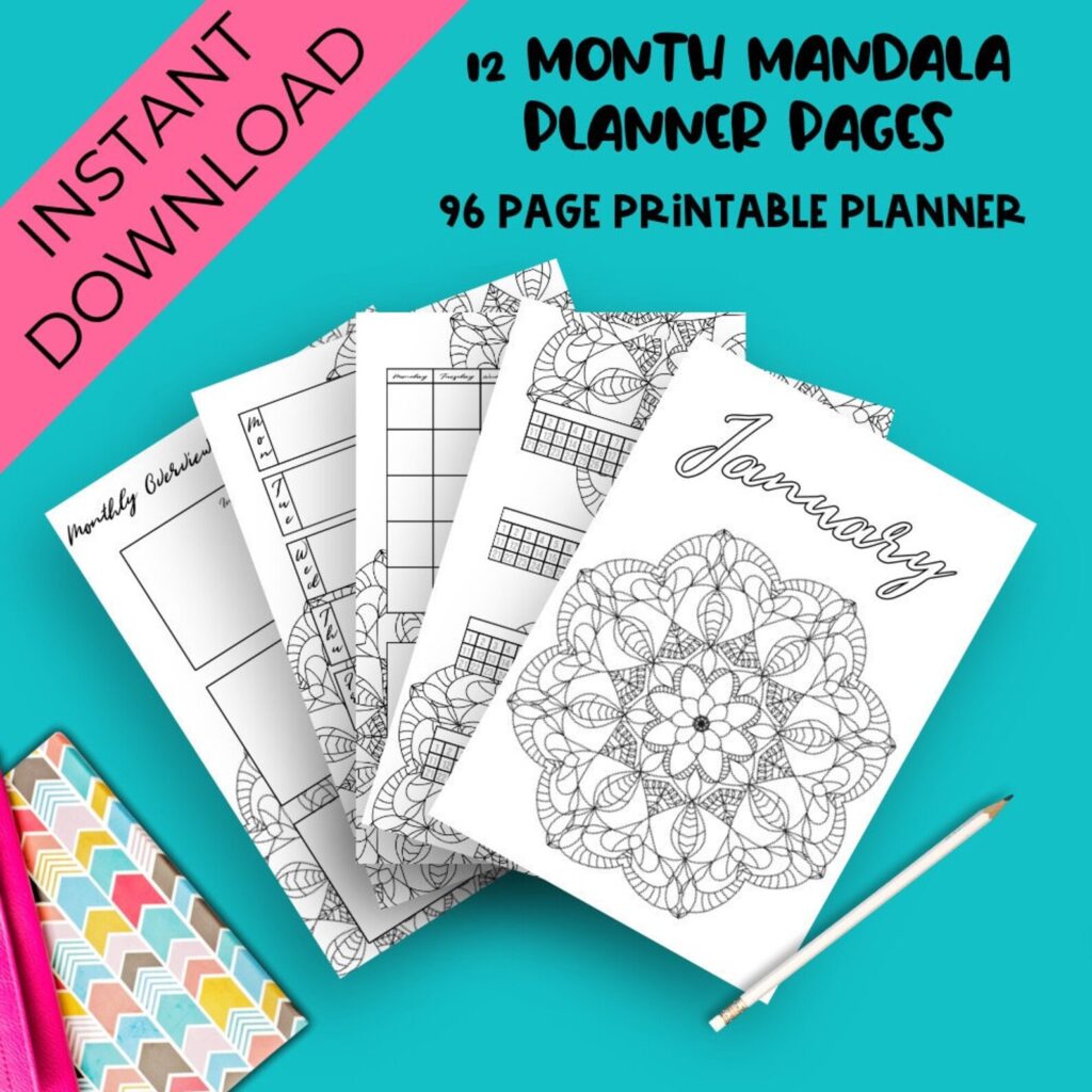 12-month mandala planner pages with instant download option, featuring printable designs and organization charts.