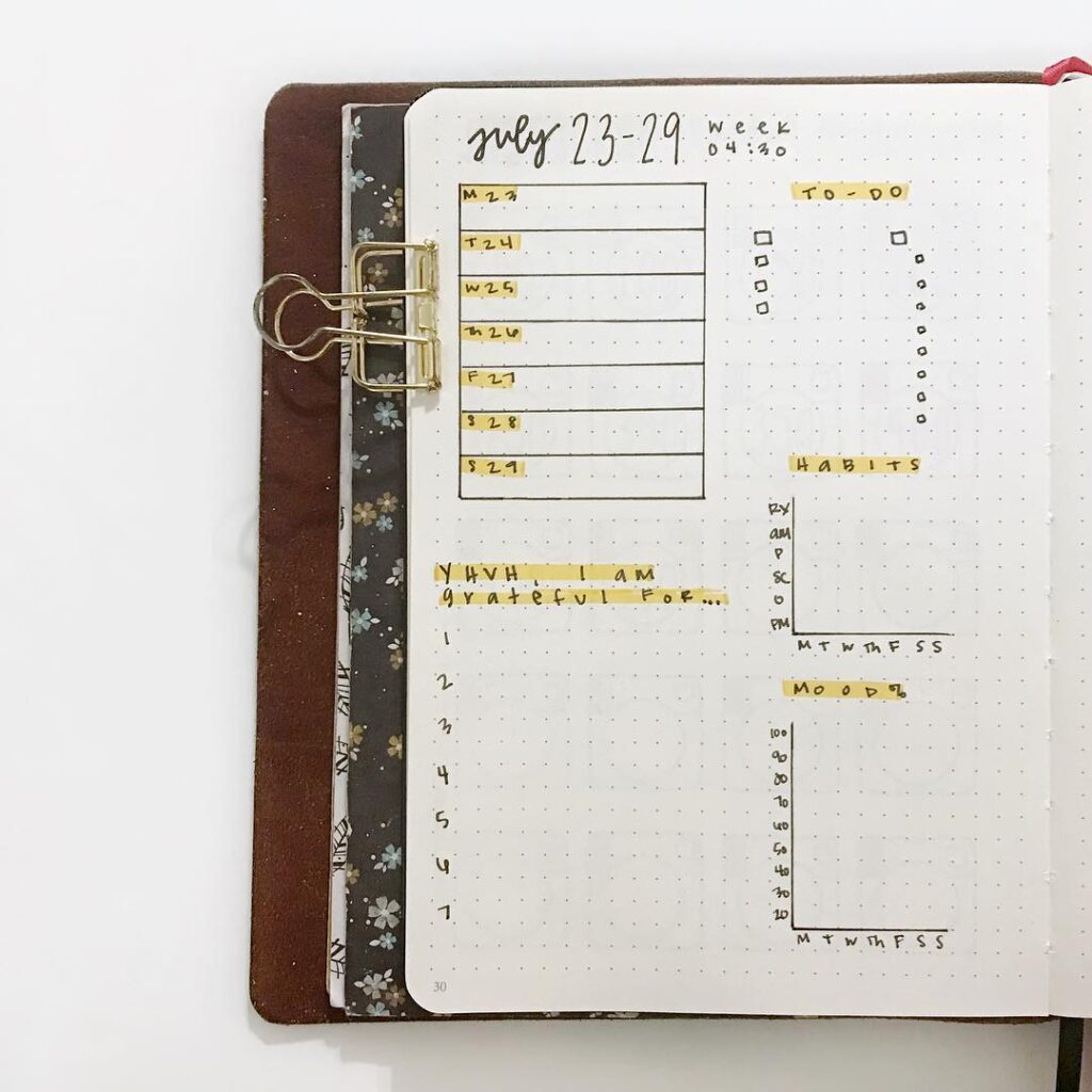 Open bullet journal with weekly planner, to-do list, habit tracker, and gratitude section. Great for organization.