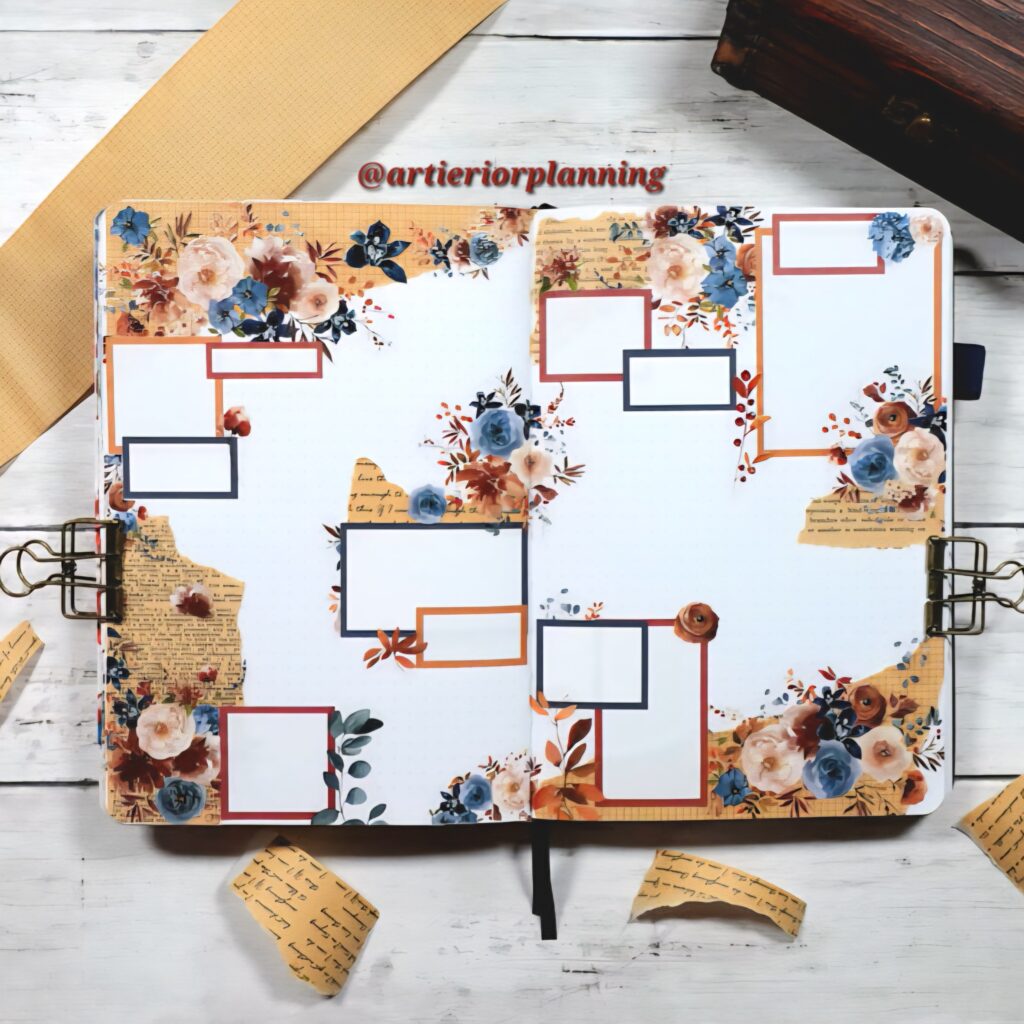 Decorative journal layout with floral designs, blank frames, and torn paper accents on a white wooden background.