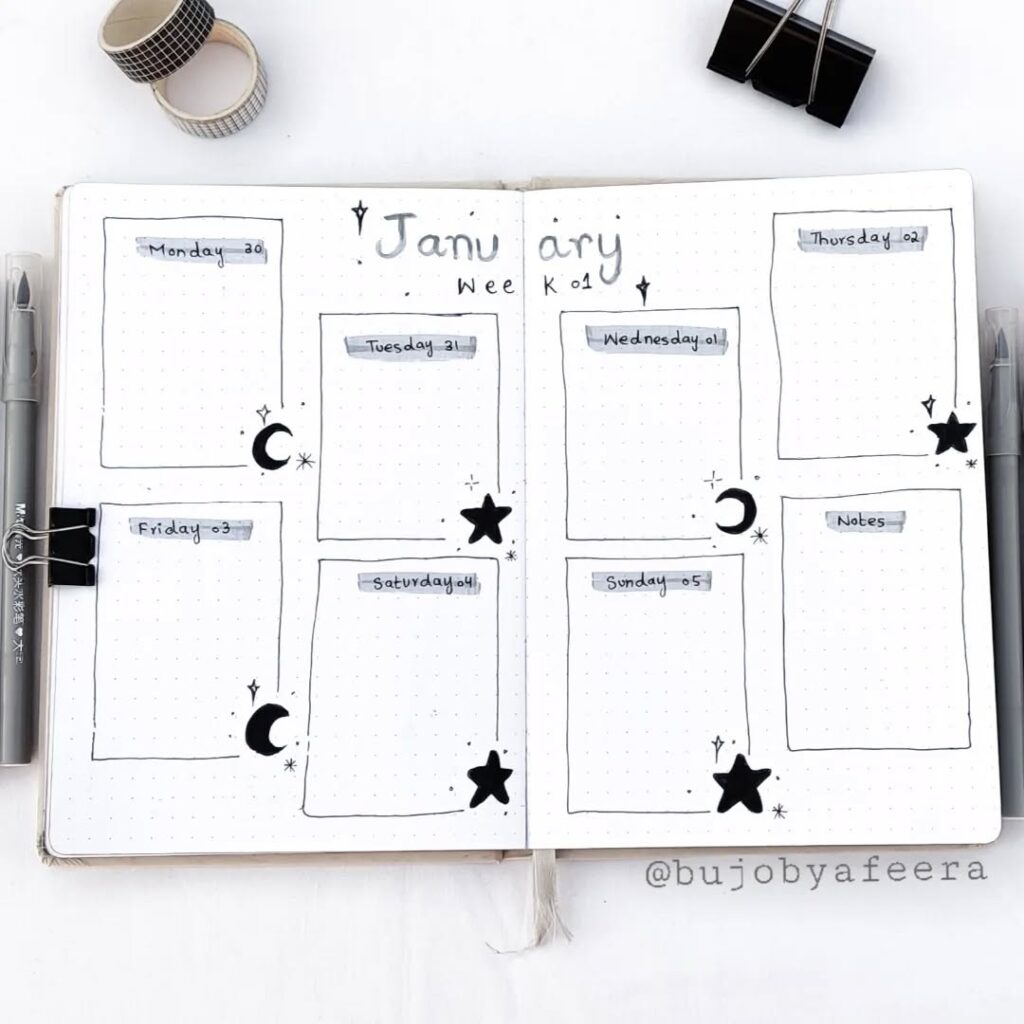 Weekly bullet journal spread for January with minimalist design, featuring notes and doodles of stars and moons.