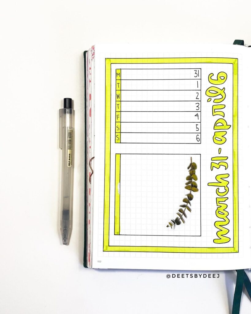Bullet journal weekly spread for March 31 to April 6 with a pen laid beside the open notebook.