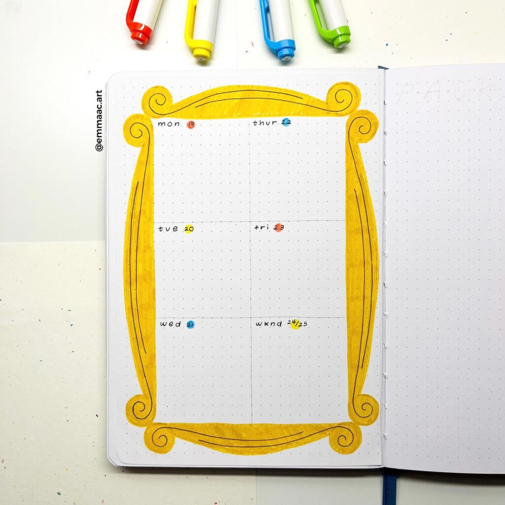 Hand-drawn weekly planner with vibrant yellow frame and colorful markers on white background.
