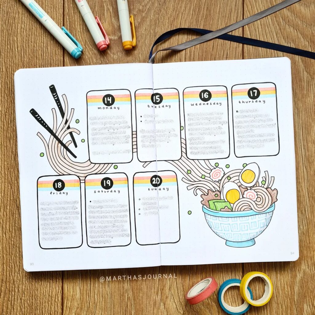 Decorative weekly planner with ramen theme, colorful pens, and washi tape on a wooden surface.