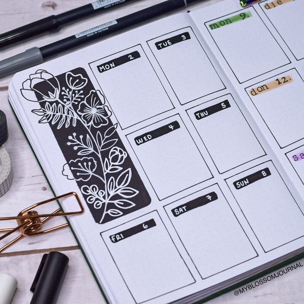 Weekly planner with floral doodles, organized days, and stationary supplies, ideal for efficient planning.
