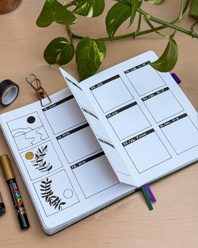 Open bullet journal with weekly planner layout, surrounded by green plant, pens, and washi tape on a wooden desk.