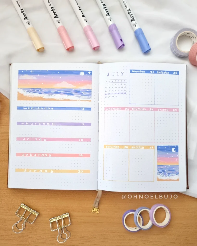 Weekly bullet journal layout with pastel markers and decorative ocean artwork.