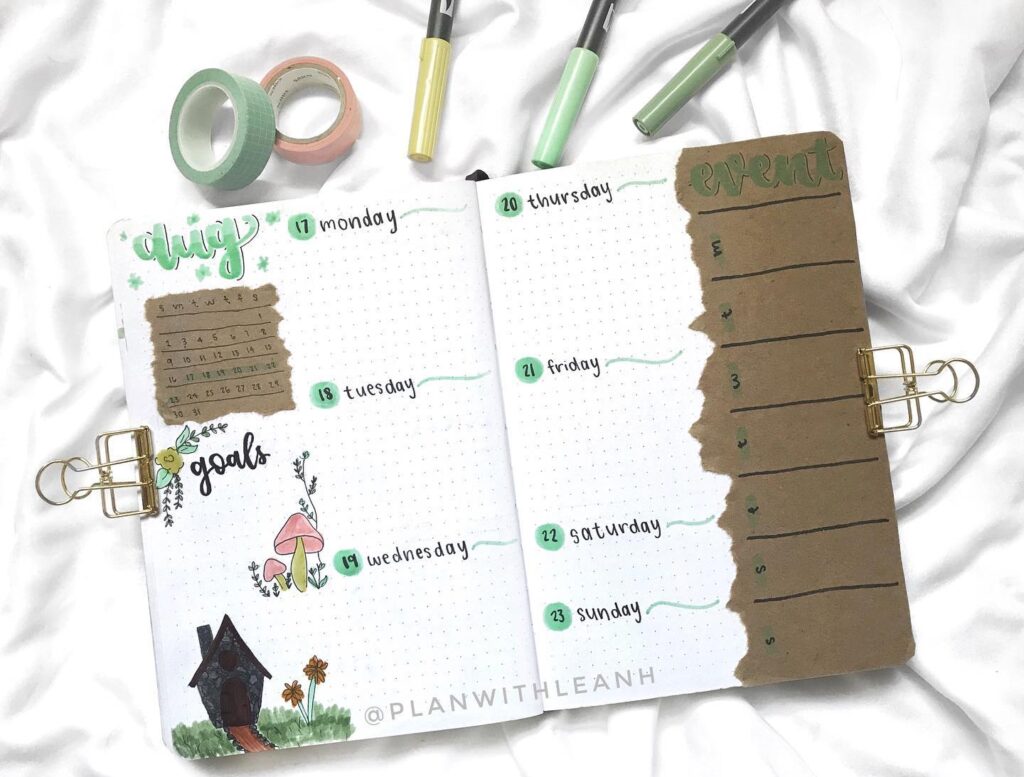 Bullet journal weekly spread for August with goals and events. Decorated with art, tape, and markers on white background.