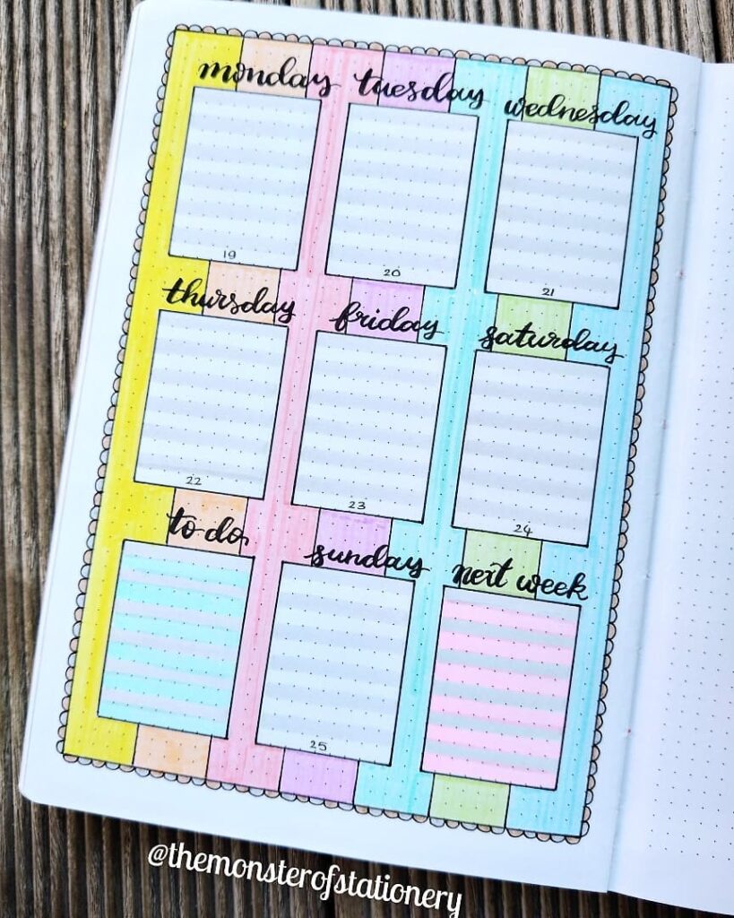 Colorful weekly planner layout with days of the week and sections for to-do, Sunday, and next week, on dotted paper.