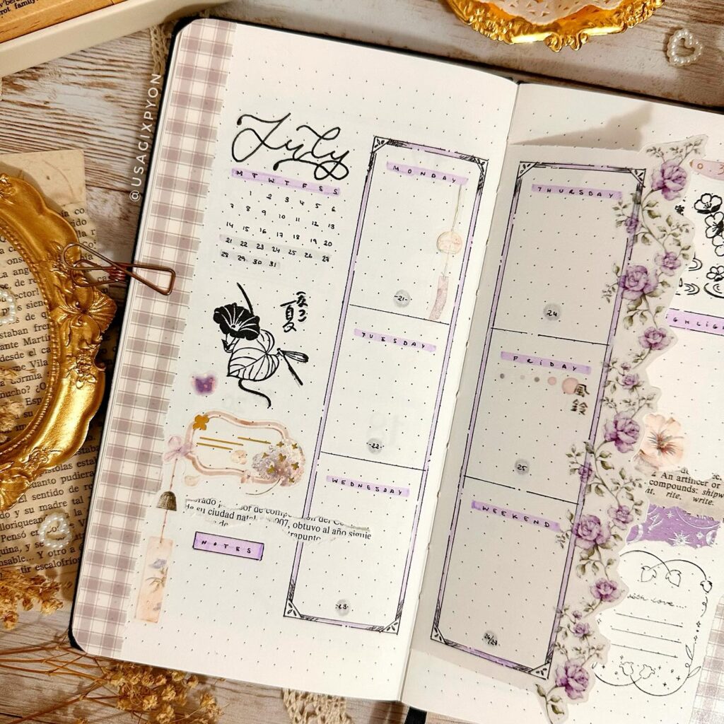 Decorative bullet journal spread for July with floral designs, purple accents, and a weekly planner layout.