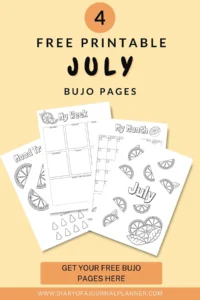 July bullet journal pages with mood tracker and weekly planner. Free printable BuJo templates for organization.
