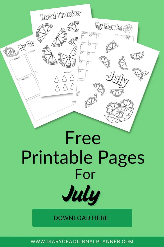 Free printable planner pages for July with mood tracker and calendar on a green background.