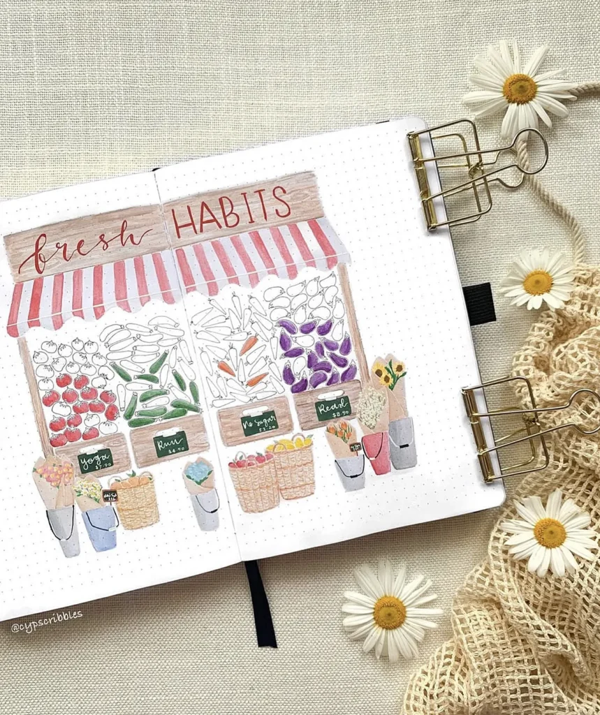 Illustrated market stand in a journal, labeled Fresh Habits, surrounded by daisies on a textured background.