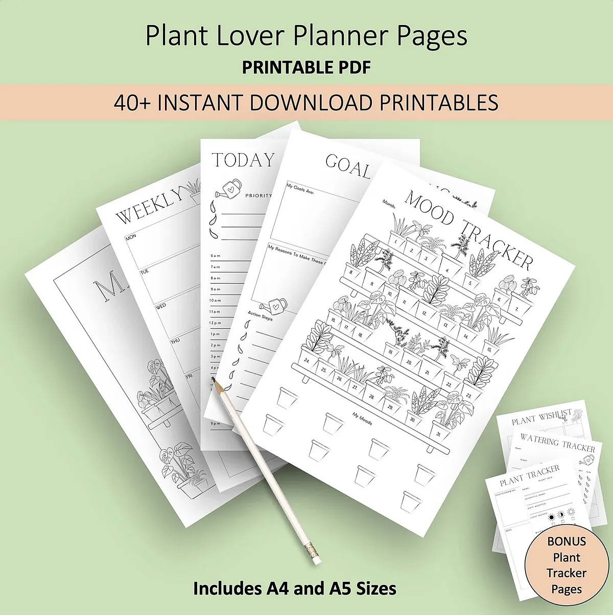 Plant Lover Planner Pages: Printable PDF with 40+ pages for daily, weekly, and monthly tracking. Includes A4 and A5 sizes.