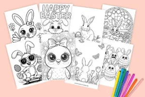 Easter coloring pages with bunnies, chicks, and eggs, plus colorful markers on a pink background.