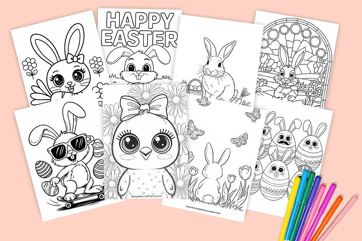 Easter coloring pages with bunnies, chicks, and eggs, plus colorful markers on a pink background.