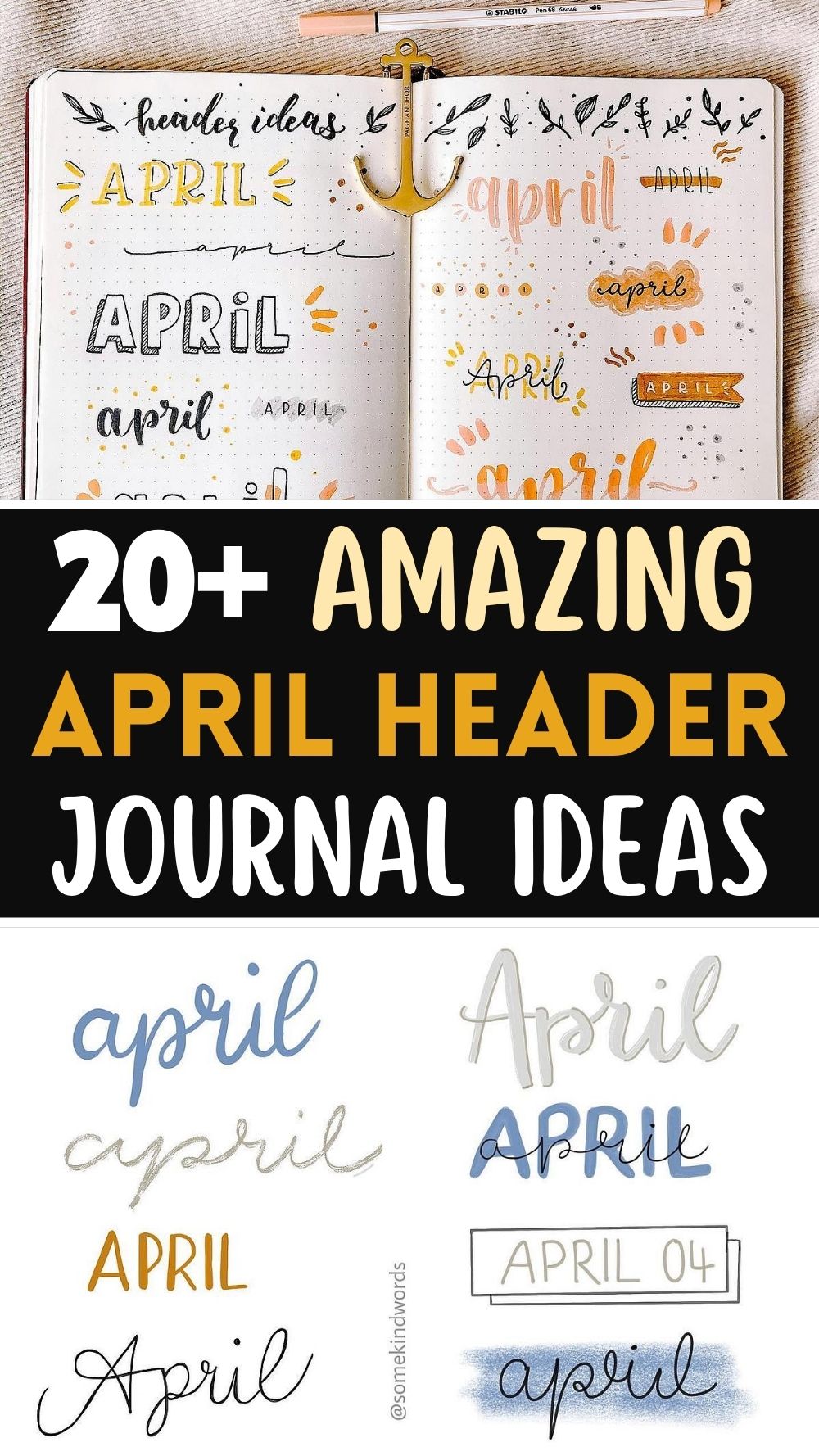 April headers Bullet journal page with creative April header designs in various artistic fonts and styles.