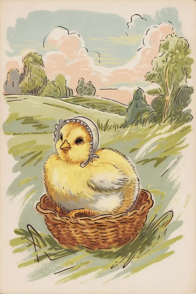 Little Chick with bonnet vintage scrapbook paper