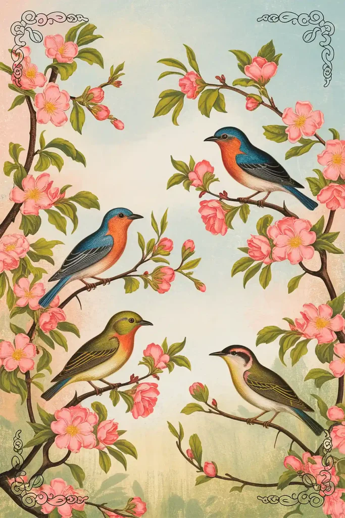 Easter birds spring vintage scrapbook paper