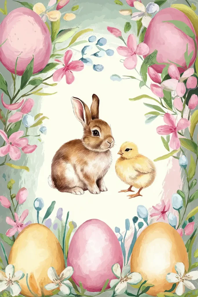 Bunny vintage image with easter eggs