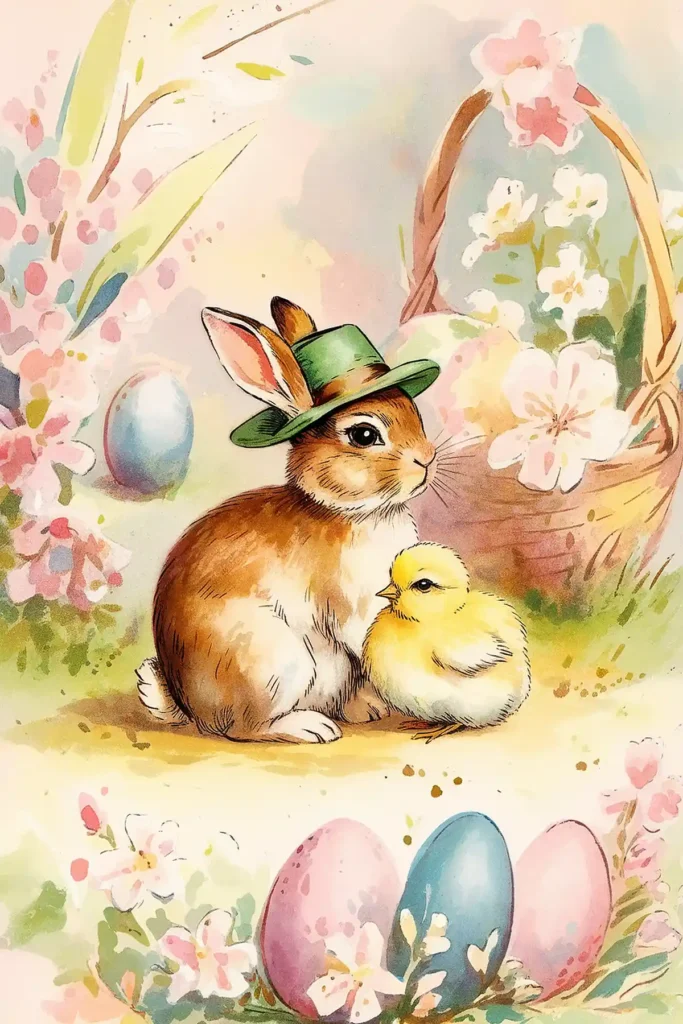 Bunny and chick vintage image