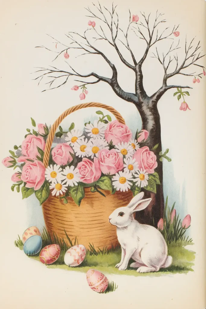 Bunny with flower basket vintage image