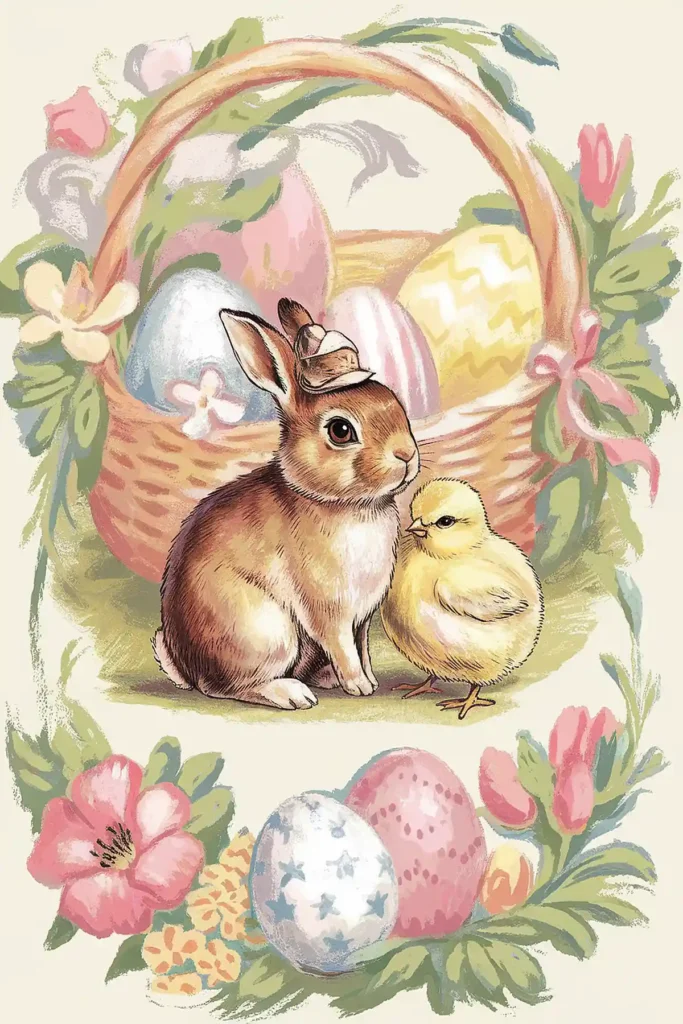 Bunny chick and Easter Basket vintage image