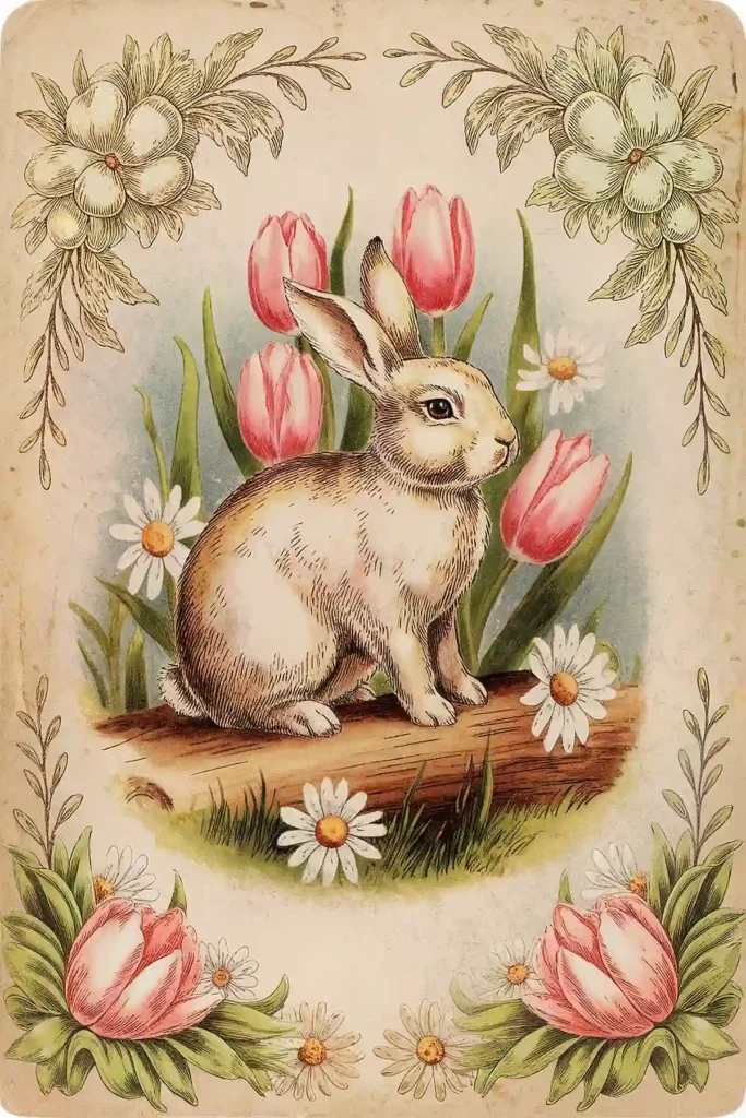 Bunny and flowers vintage images for  junk journal