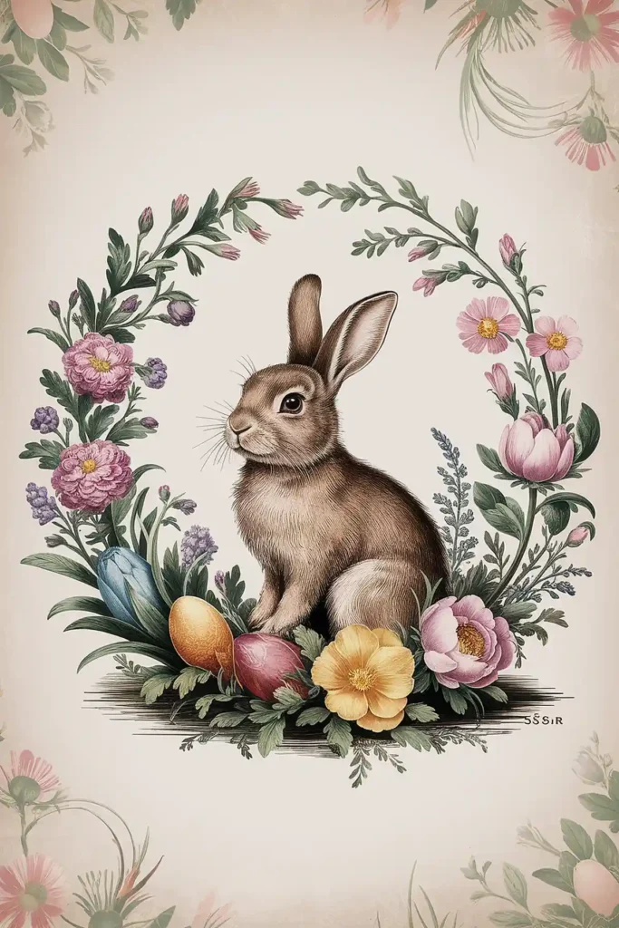 Bunny and flowers vintage images for journal