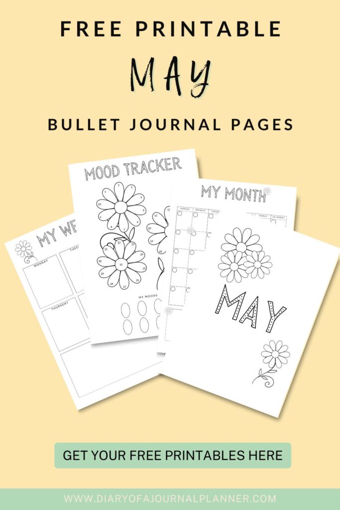 Free printable May bullet journal pages, including mood tracker and monthly planner, from diaryofajournalplanner.com