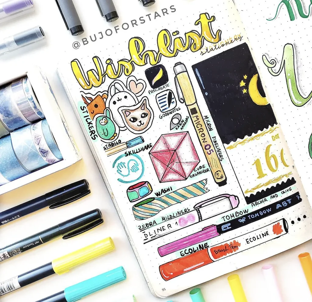 Bullet journal wishlist featuring cute stickers, pens, washi tape, and stationery essentials on a creative layout.