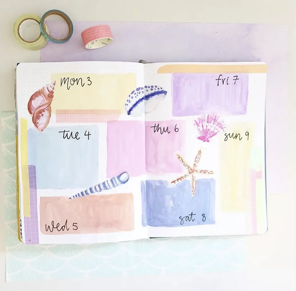 Colorful weekly planner with decorative seashells and starfish illustrations, alongside washi tape rolls.