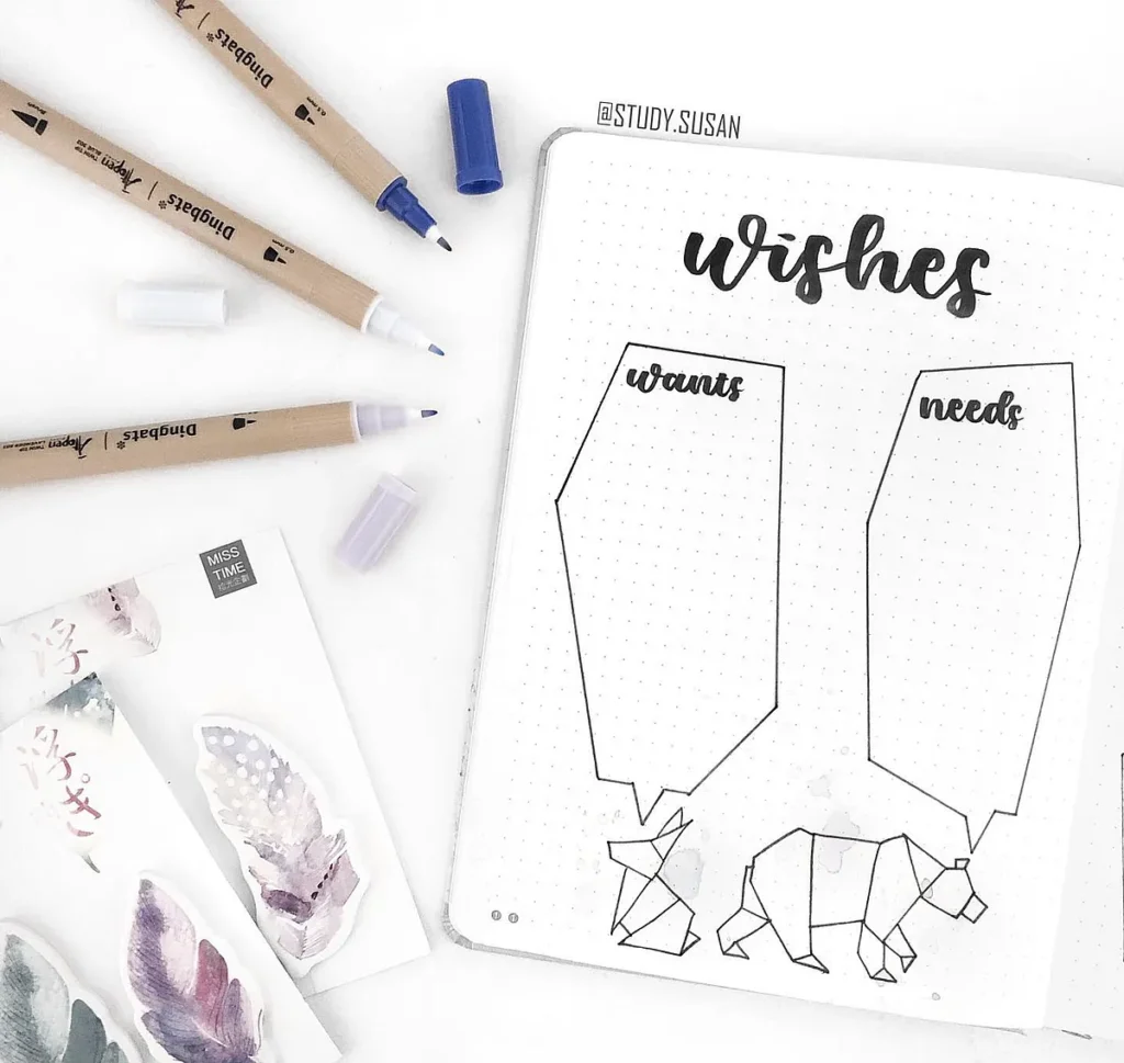 Bullet journal page with wants and needs sections, surrounded by pens, stickers, and a geometric bear design.