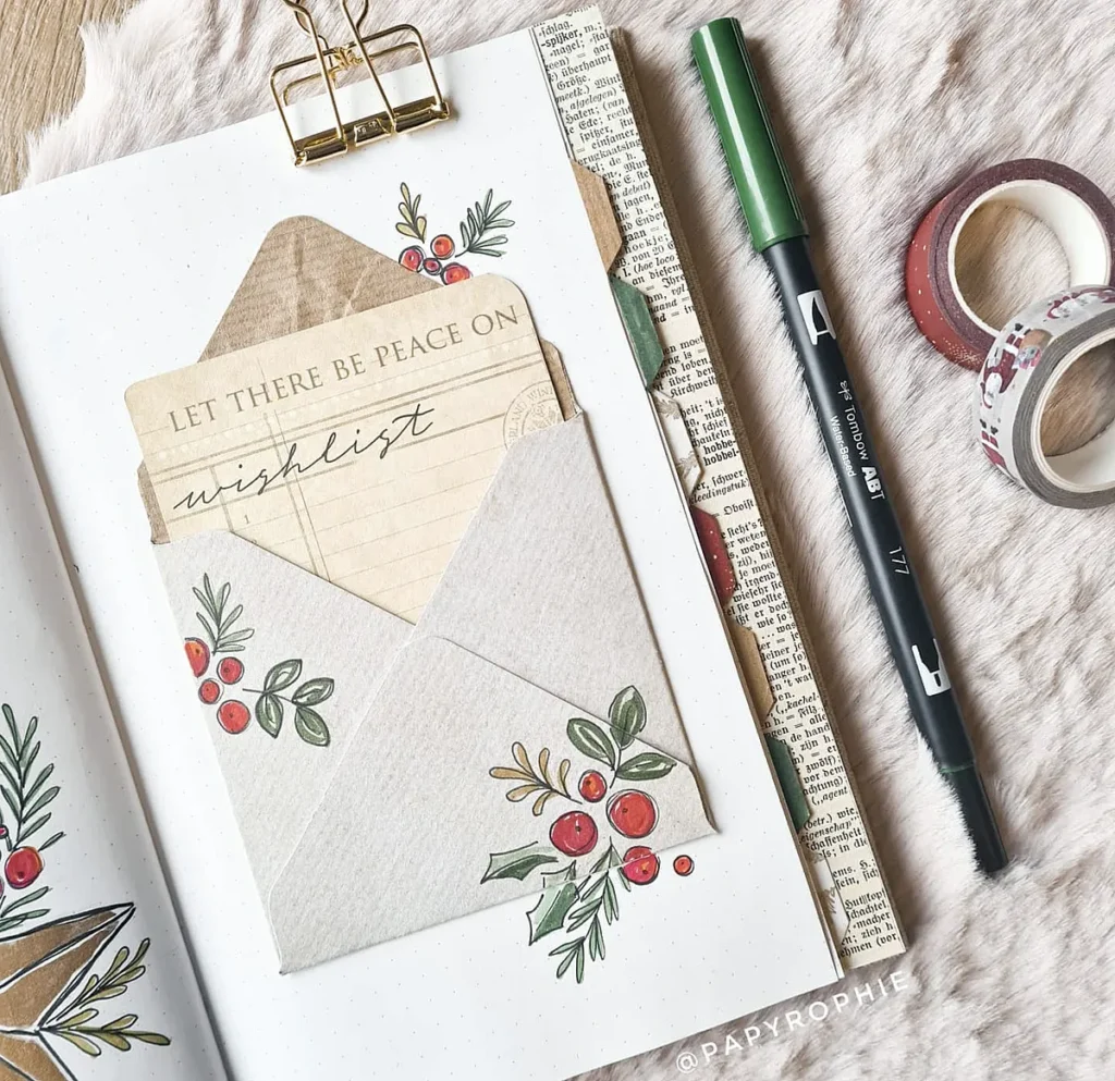 Festive holiday wishlist in decorated envelope with journal, pen, and washi tape on soft background.