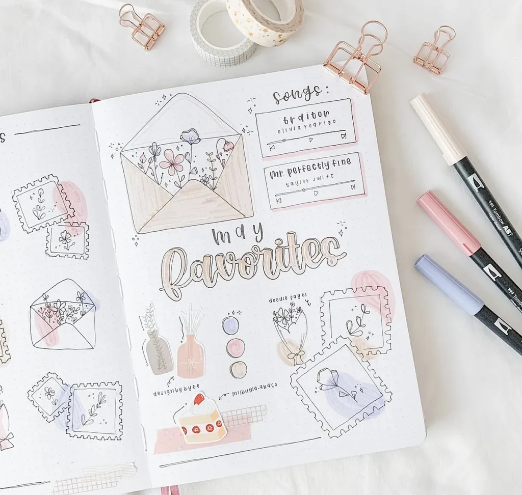 Decorative bullet journal spread with floral and stationery designs, highlighting May favorites in soft pastel colors.
