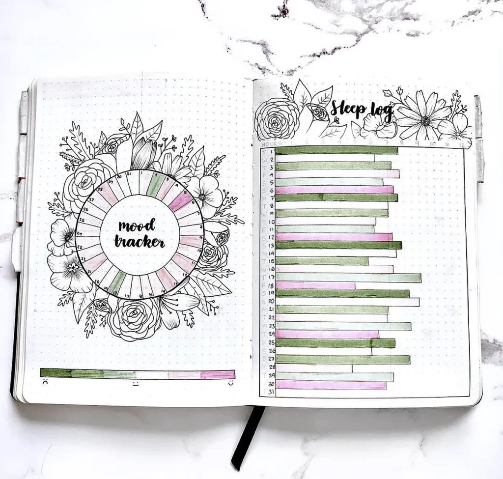 Bullet journal with floral mood tracker and colorful sleep log charts on dotted pages.