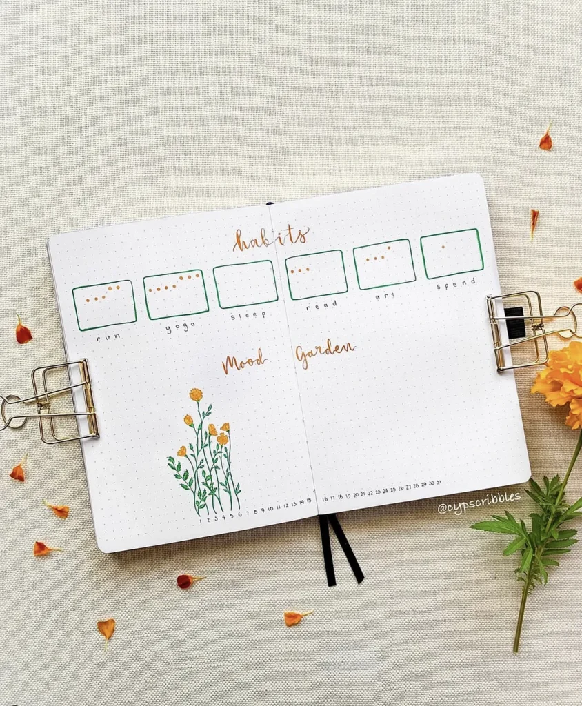 Open bullet journal with habit tracker and floral doodle on a beige background, surrounded by scattered petals.