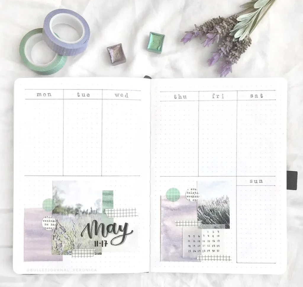Minimalist bullet journal weekly spread for May 11-17 with decorative washi tape and lavender accents.