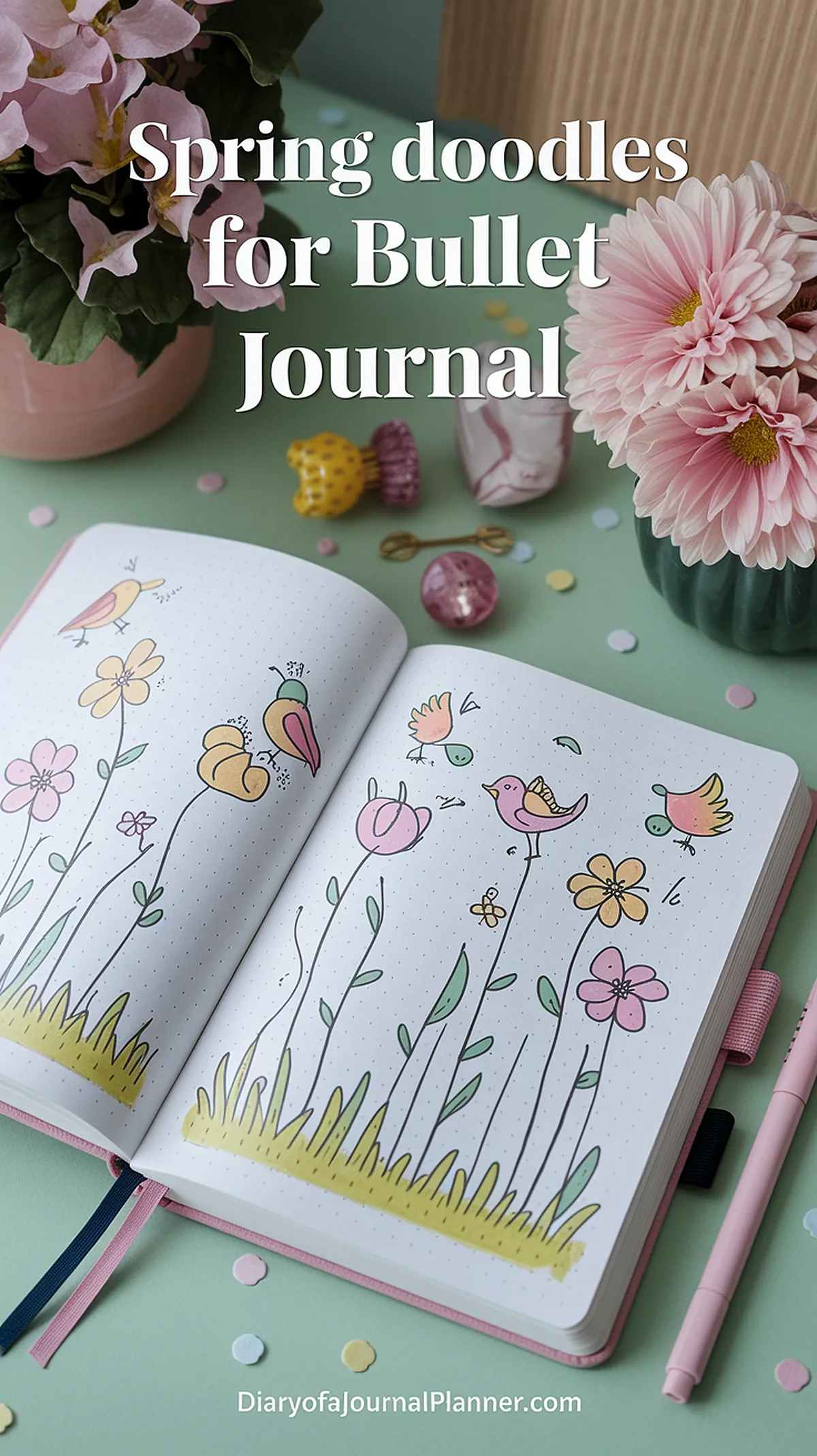 Bullet journal with colorful spring doodles, flowers, and birds, surrounded by stationery and pink blooms.