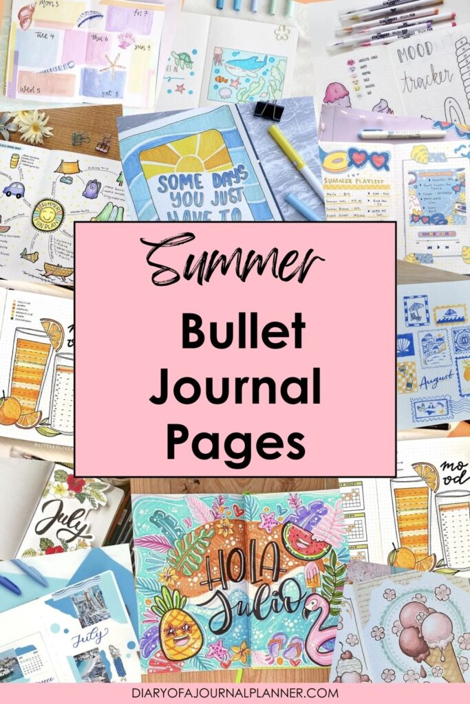 Summer bullet journal pages collage with doodles, mood trackers, and colorful designs for planning and creativity.