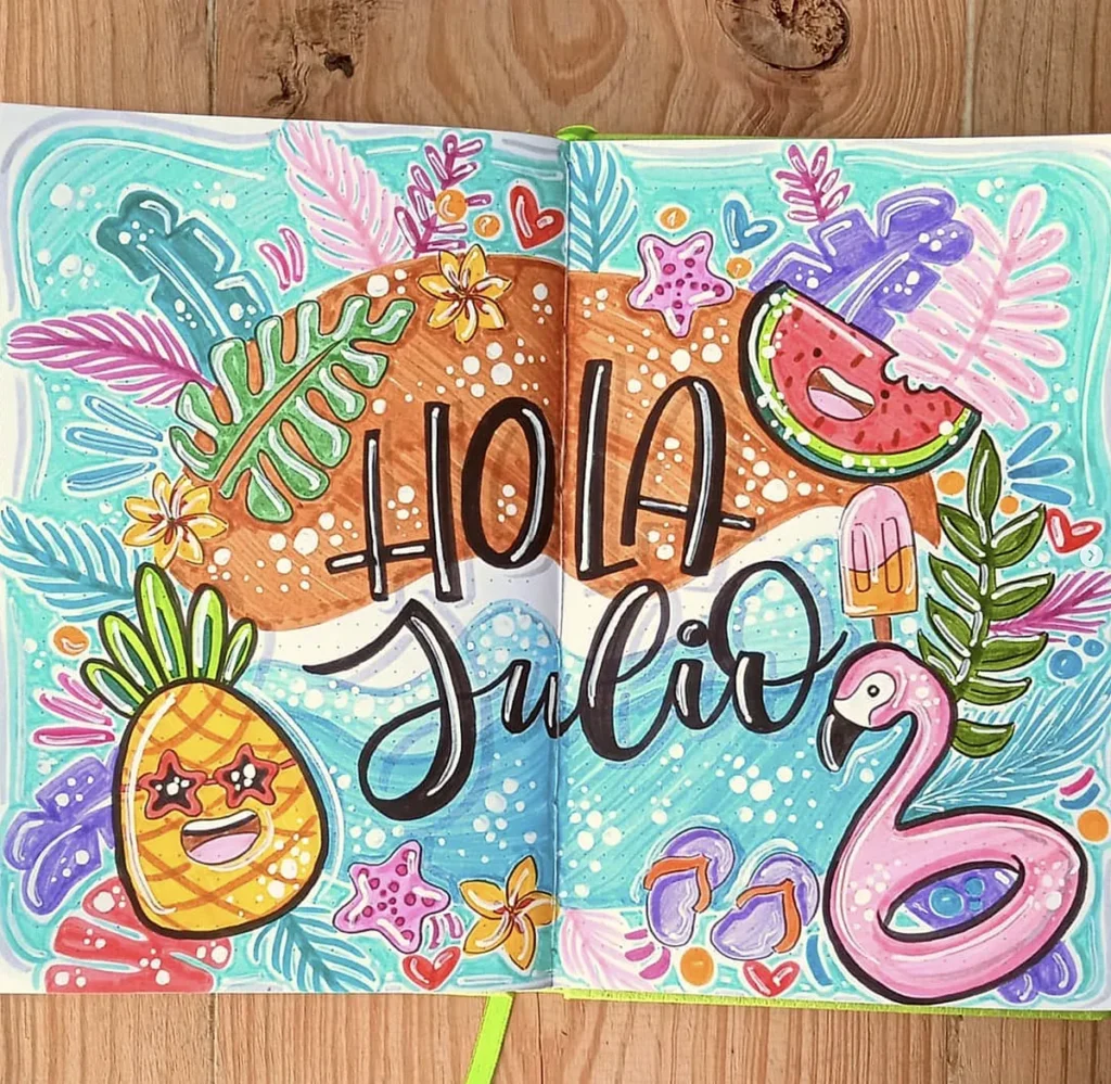 Colorful summer-themed journal page with Hola Julio, featuring a pineapple, watermelon, flamingo, and tropical motifs.