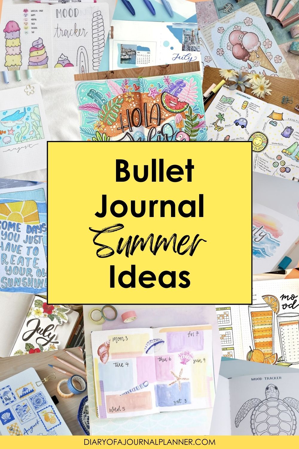 Summer bullet journal ideas collage with creative layouts featuring ice cream, beach themes, and colorful designs.