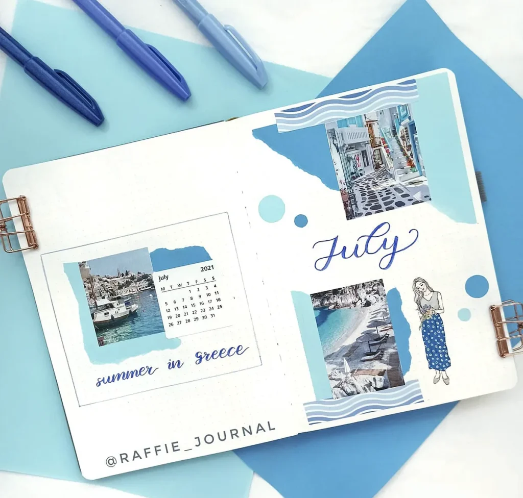 Bullet journal spread for July 2021 with a Greek summer theme, featuring photos and blue accents.