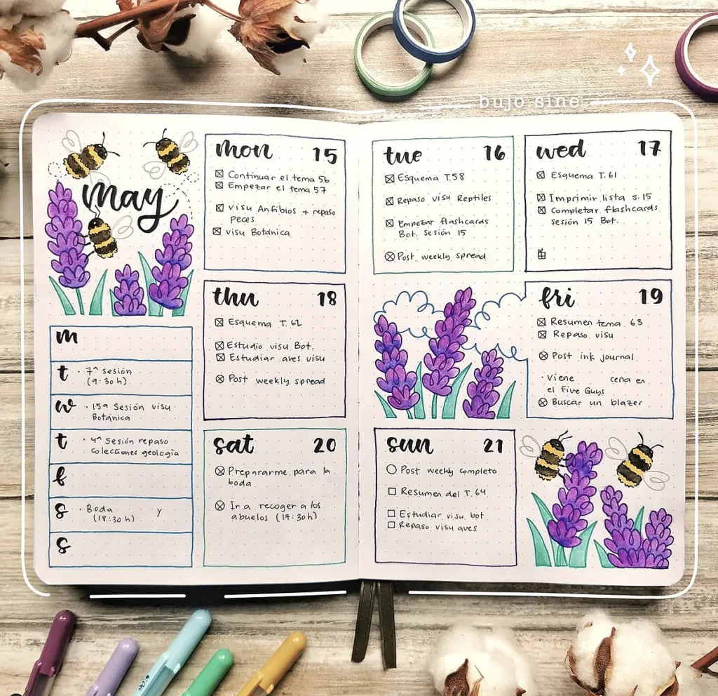 Bullet journal weekly spread for May with decorative lavender and bee illustrations.