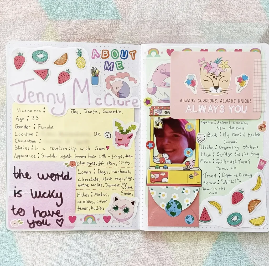 Decorative scrapbook page with colorful stickers, playful text, and personal details about the creator, Jenny McClure.