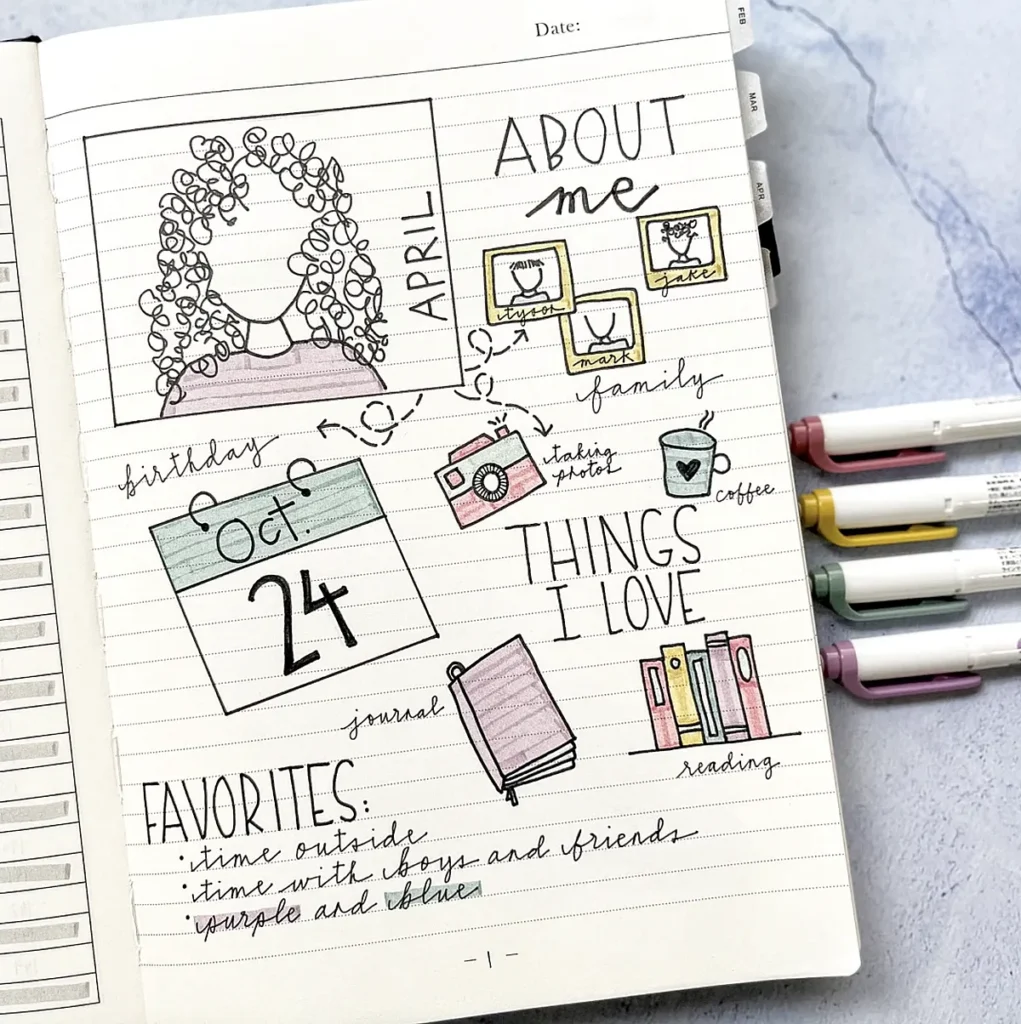 Bullet journal page with doodles, notes about favorite activities and family, and important dates like October 24th.