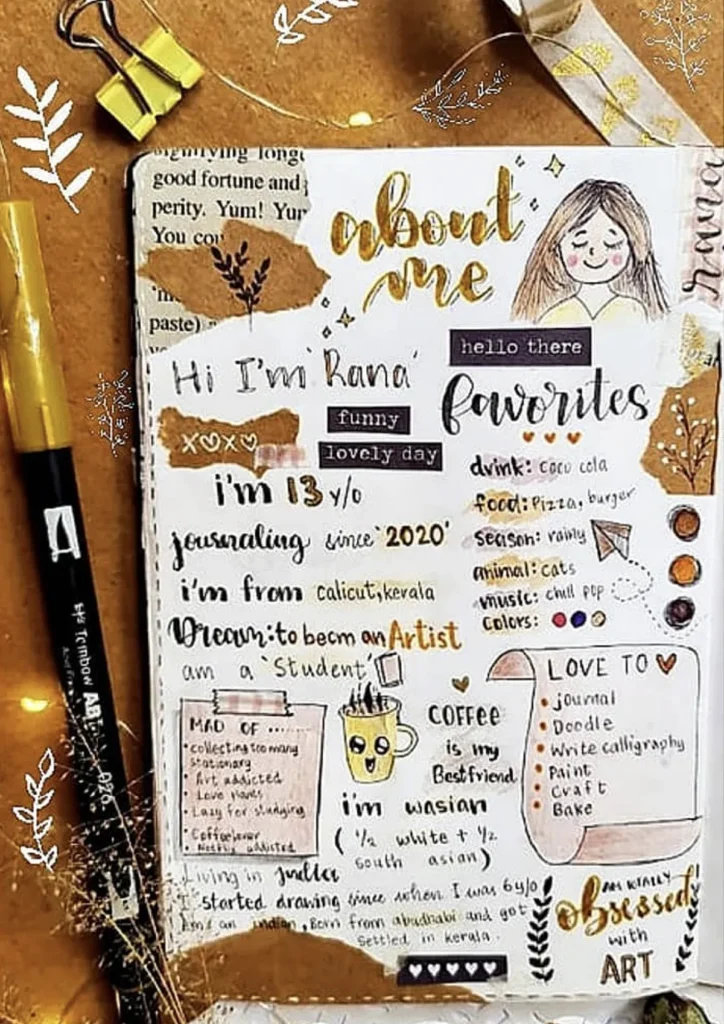 Creative journaling page with personal details, favorite items, and artistic interests, featuring handwritten and doodled elements.