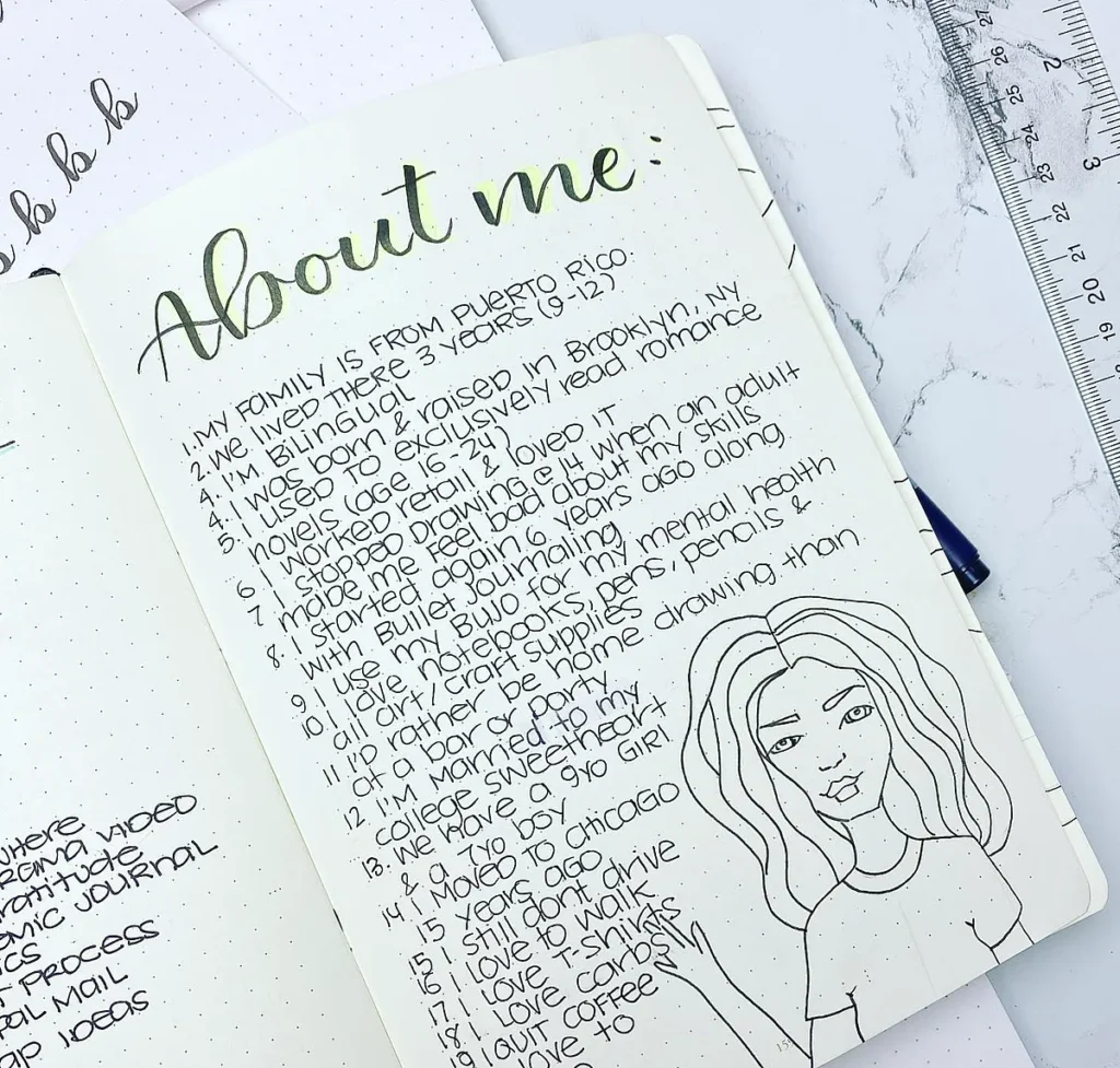 Handwritten About Me list and illustration in a bullet journal, featuring personal interests and hobbies.