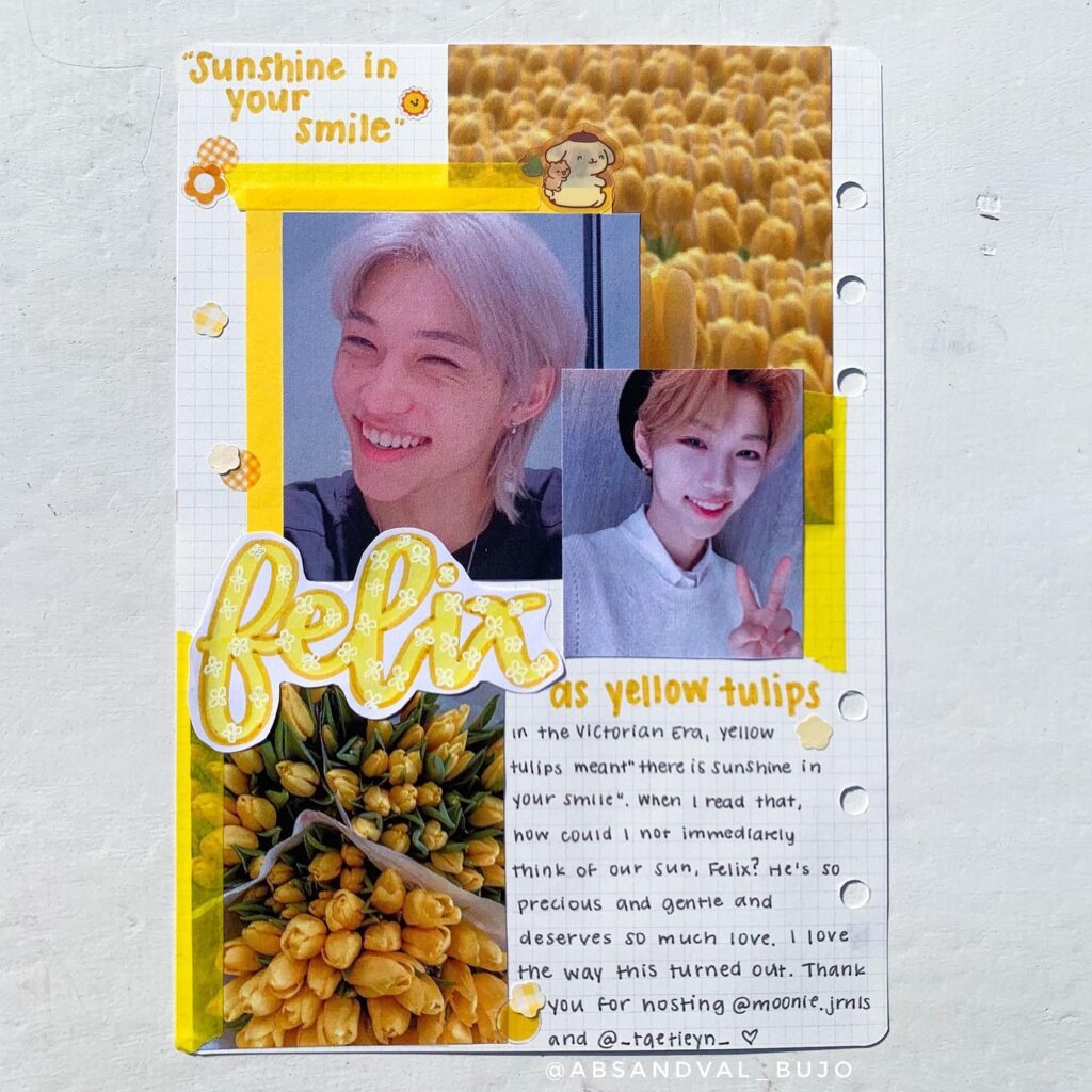 Smiling person collage with yellow tulips, text Sunshine in your smile, and decorative elements on paper.