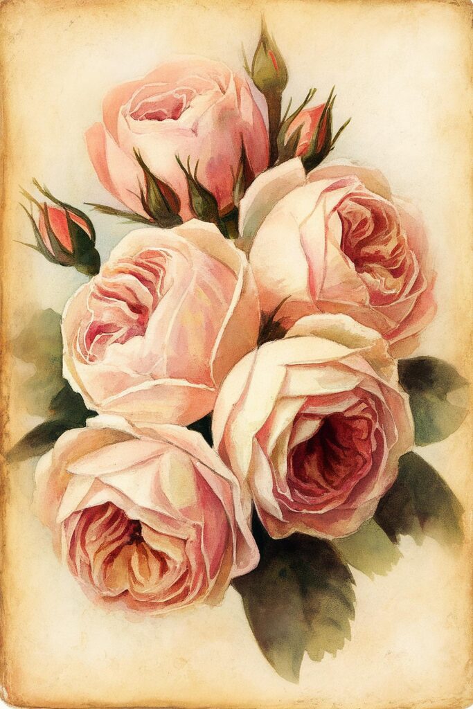 Vintage painting of pink roses with green leaves, showcasing delicate petals in a classic floral arrangement.